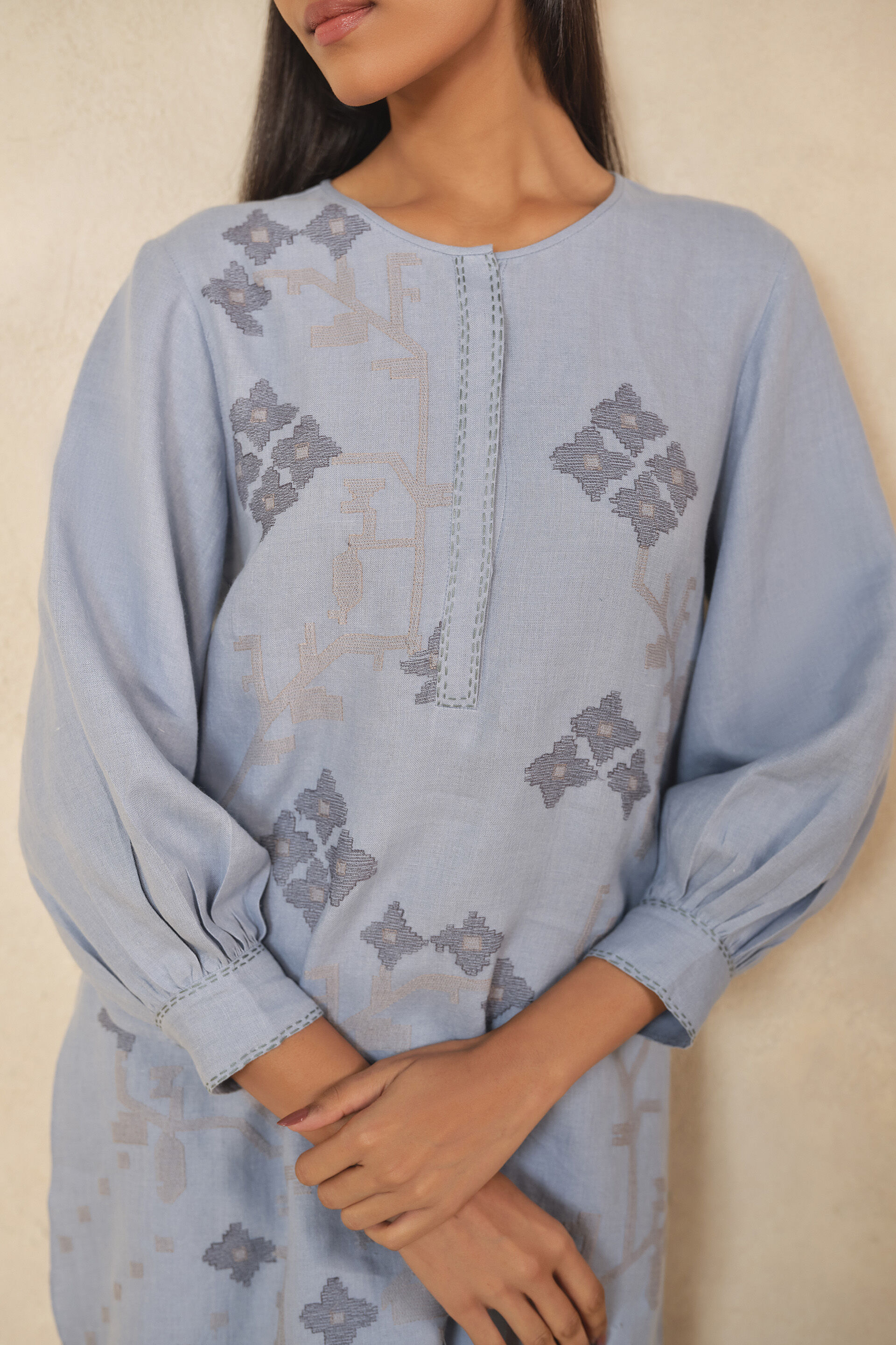 Haiku Embroidered Hemp Kurta Set - Blue, Blue, image 4